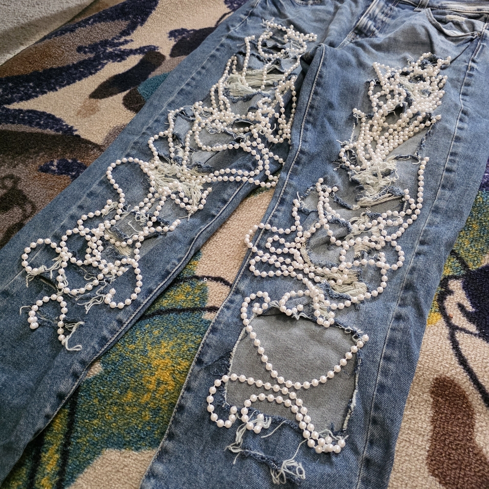 Women's Blue Distressed Boyfriend Jeans with Pearl Embellishment
